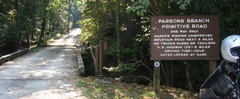 The actual Parson Branch Road begins about 2 miles from the Cades Cove Loop. Turn right and cross the branch